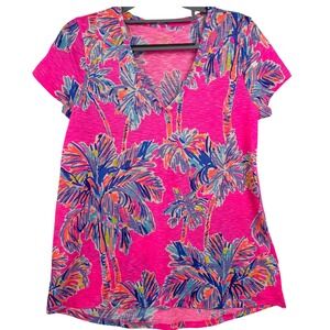 Lilly Pulitzer Etta V-Neck Top Size S Pink Tropical Palm Print